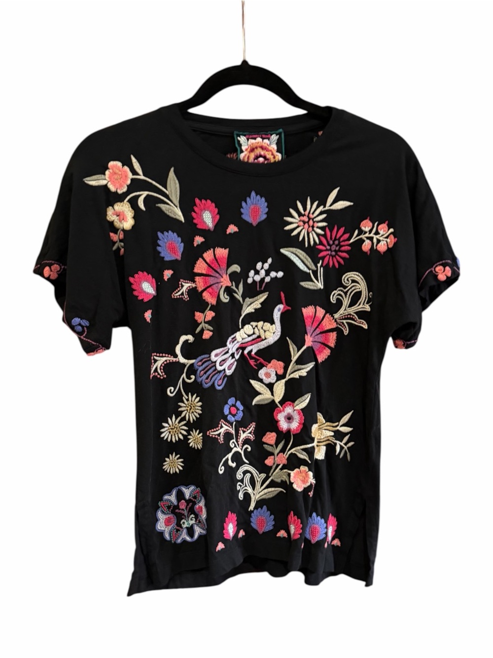JOHNNY WAS Embroidered Black Tee T Shirt Top Birds and Floral XS